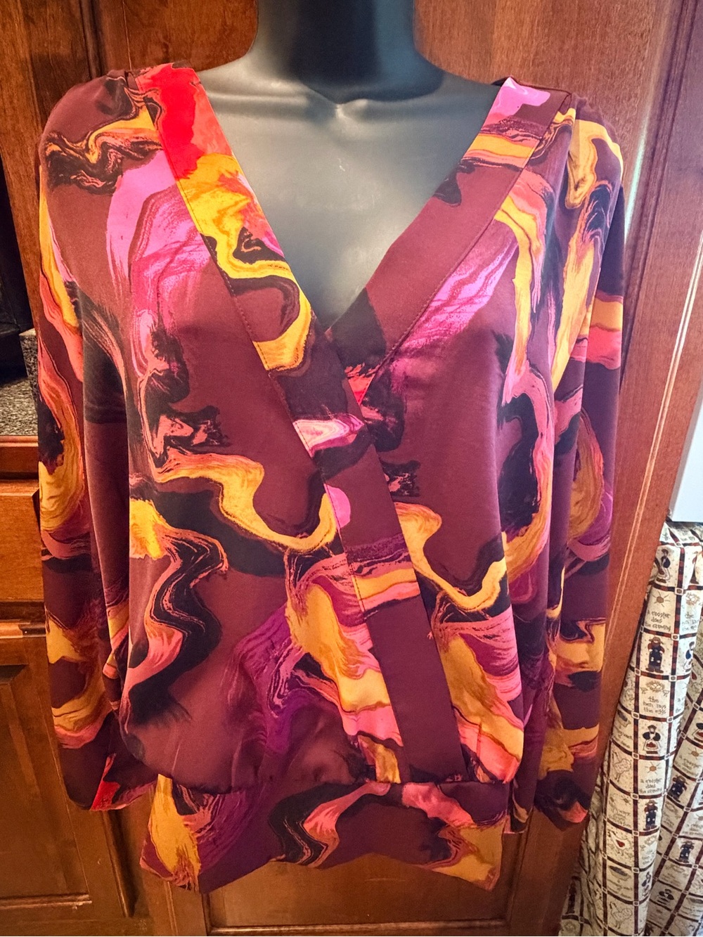 Nine West Burgundy Multi Marble-Print Surplice Tunic